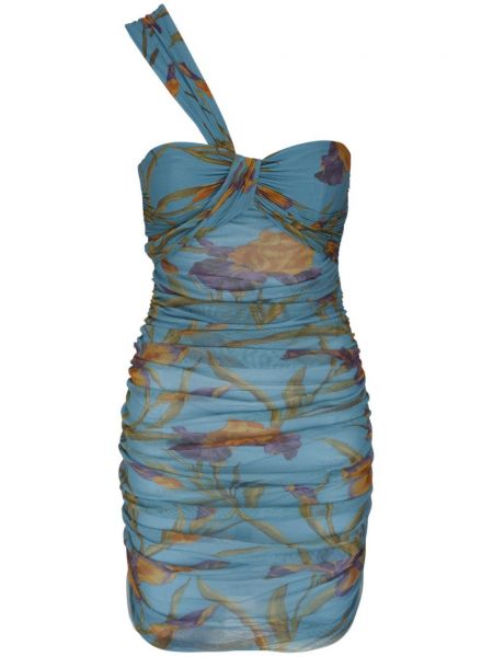 Коктейлна рокля на цветя с принт Saint Laurent синьо