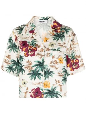 Svilena srajca s cvetličnim vzorcem s potiskom Miu Miu bela