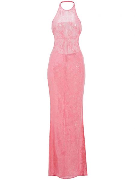 Čipkované flitrované večerné šaty s výrezom na chrbte Retrofete ružová