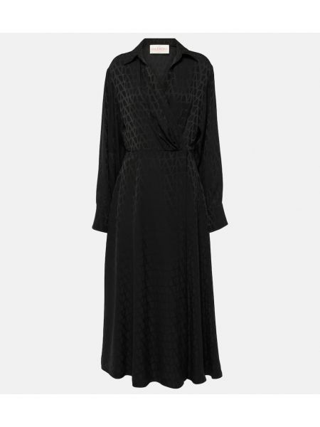 Svilena midi obleka Valentino črna