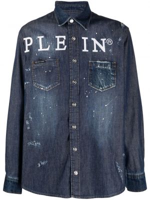 Пухена дънкова риза с копчета Philipp Plein синьо
