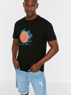 Тениска с принт в тропически десен Trendyol черно