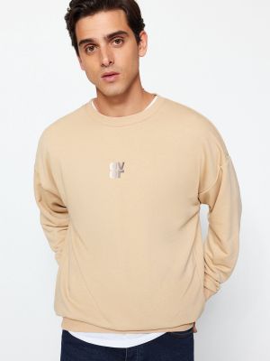 Oversize džemperis bez kapuces ar apdruku ar garām piedurknēm Trendyol bēšs