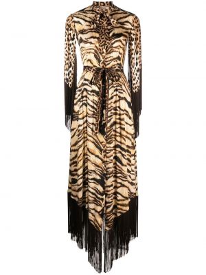 Koktejl obleka z obrobami s potiskom z leopardjim vzorcem Roberto Cavalli