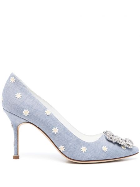 Полуотворени обувки на цветя Manolo Blahnik синьо
