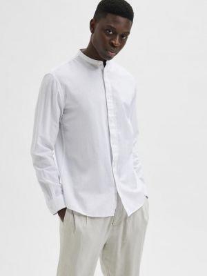 Рубашка с длинными рукавами и воротником-стойкой из льна и натурального хлопка. Selected белый