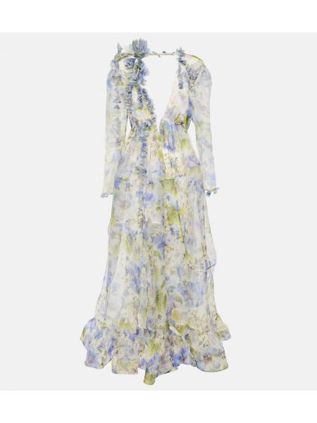 Rochie lunga de mătase cu model floral Zimmermann albastru