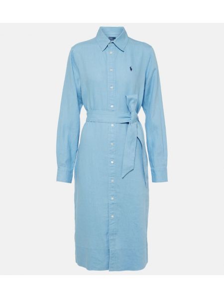 Lanena midi obleka Polo Ralph Lauren modra