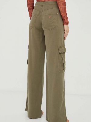 Jednobarevné kalhoty s vysokým pasem Guess zelené