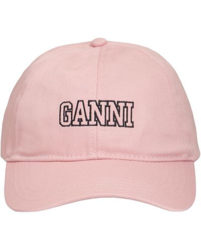 Haftowana czapka z daszkiem bawełniana Ganni różowa