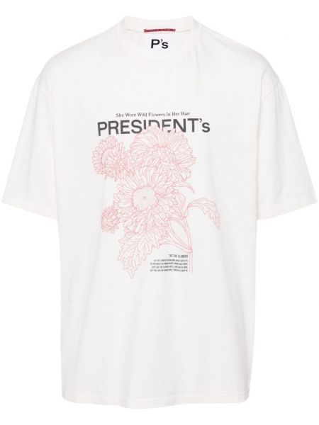 Květinové bavlněné tričko s potiskem President's bílé