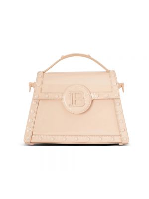 Borsa a spalla di pelle di pelle in pelle verniciata Balmain beige