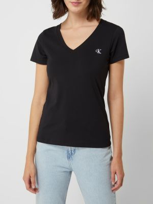 Haftowana koszulka z dekoltem w serek z krótkim rękawem Calvin Klein Jeans czarna