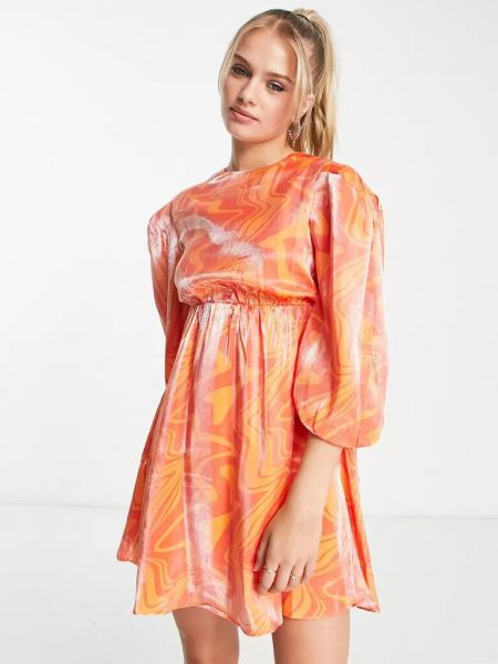 Атласное платье мини с принтом с пышными рукавами Glamorous оранжевое
