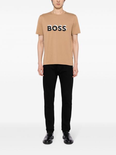 Bavlněné tričko s potiskem Boss hnědé
