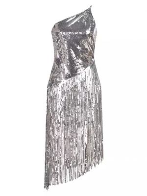 Платье миди с пайетками с бахромой Halston серебряный