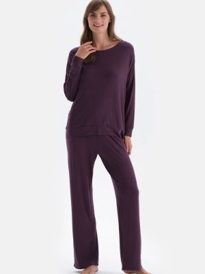 Pijamale din bumbac tricotate cu mâneci lungi Dagi violet