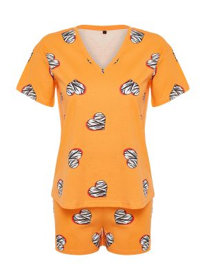 Pletené bavlněné pyžamo se srdcovým vzorem Trendyol oranžové
