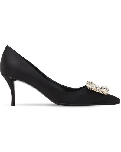 Pantofi cu toc din satin cu model floral de cristal Roger Vivier negru