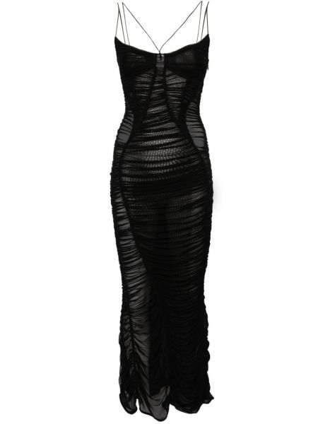 Oprijeta midi obleka z mrežo Mugler črna