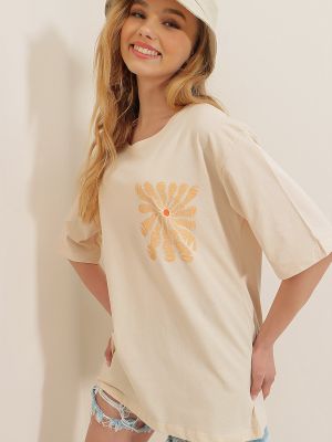 Koszulka bawełniana z nadrukiem oversize Trend Alaçatı Stili beżowa