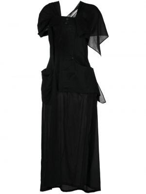 Bavlněné mini šaty s knoflíky s krátkými rukávy Yohji Yamamoto - černá