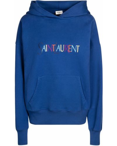 Medvilninis siuvinėtas džemperis su gobtuvu Saint Laurent mėlyna