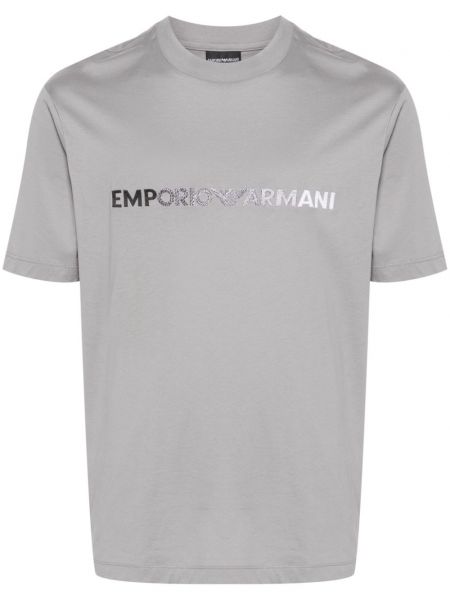 Bavlněné tričko s výšivkou Emporio Armani šedé