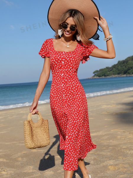 SHEIN Frenchy женское платье с короткими рукавами и цветочным принтом красный