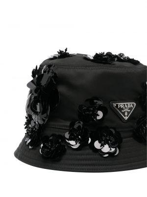 Květinový klobouk z nylonu Prada černý
