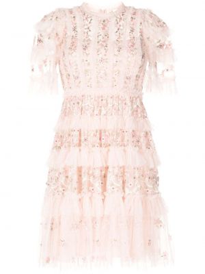 Коктейлна рокля бродирана на цветя Needle & Thread розово