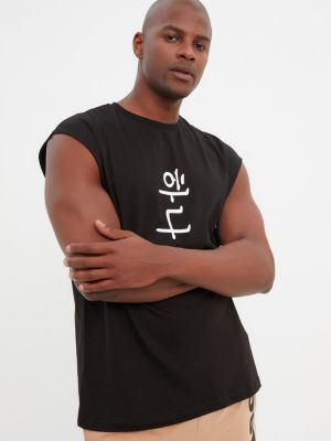 Βαμβακερή αμάνικη μπλούζα με σχέδιο Trendyol μαύρο