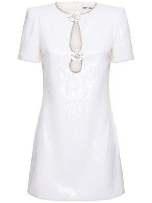 Mini robe à paillettes avec manches courtes Self-portrait blanc