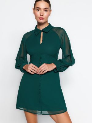 Pletena mini haljina s gumbima od šifona Trendyol zelena