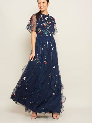 Длинное платье в цветочек с рюшами Frock And Frill синее