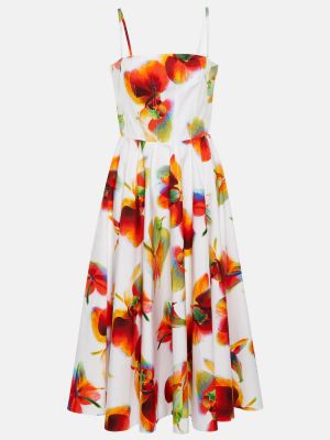 Květinové bavlněné midi šaty s potiskem Alexander Mcqueen - bílá