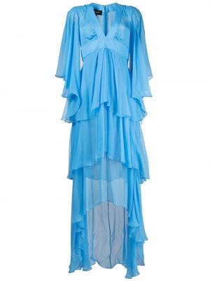 Hedvábné dlouhé šaty na zip s výstřihem do v Rochas - modrá