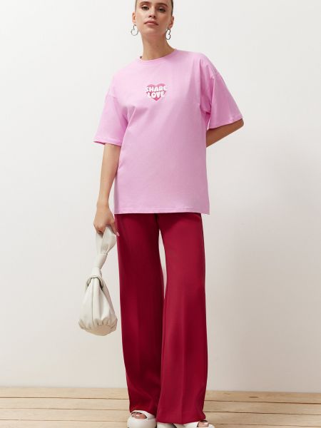 Pletena pamučna majica s printom Trendyol ružičasta