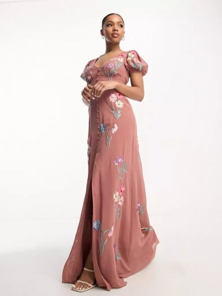 Длинное платье с вышивкой с пышными рукавами Maya розовое
