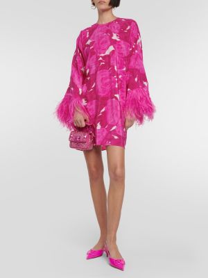 Svilena obleka s perjem s cvetličnim vzorcem Valentino roza