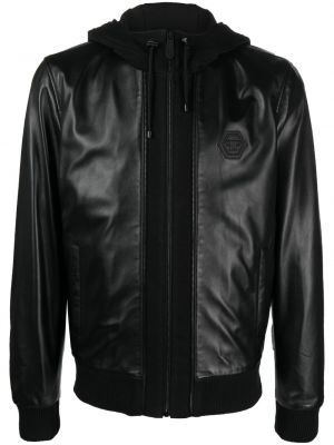Kožna jakna s kapuljačom Philipp Plein crna