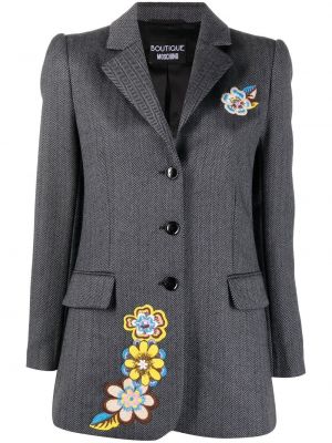 Fiskebeinsmønster floral lang blazer Boutique Moschino grå