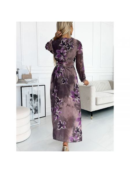 Květinové šifonové dlouhé šaty s dlouhými rukávy Numoco fialové