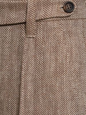 Lniane proste spodnie w jodełkę Brunello Cucinelli brązowe