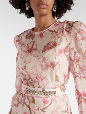 Květinové hedvábné lněné midi šaty Zimmermann