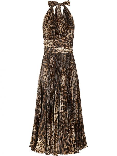 Sukienka koktajlowa z nadrukiem w panterkę plisowana Dolce And Gabbana brązowa