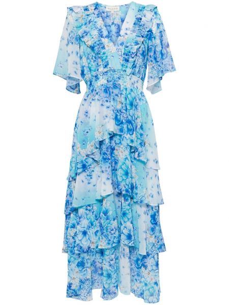 Rozkloszowana sukienka w kwiatki z nadrukiem Hale Bob niebieska