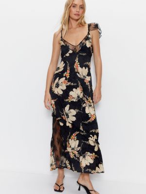 Кружевное платье миди в цветочек с принтом Warehouse черное
