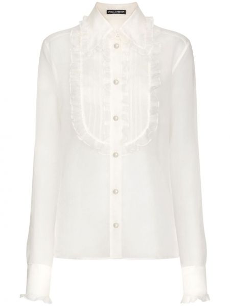 Bluză din bumbac transparente cu volane Dolce & Gabbana alb