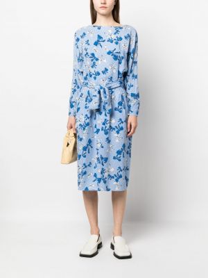 Modré hedvábné šaty s mašlí s potiskem Yves Saint Laurent Pre-owned